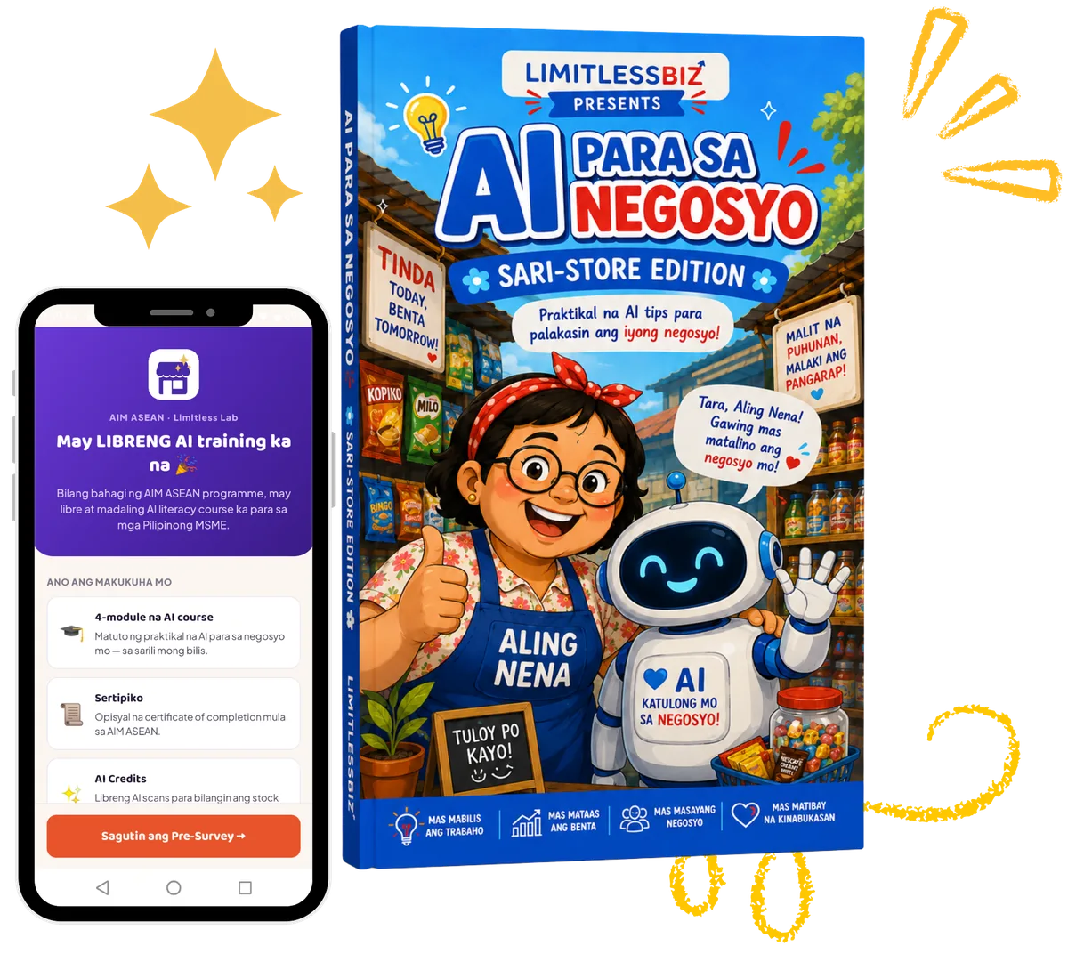 Aling Nena, a Filipino sari-sari store owner, with the LimitlessBiz AI assistant and mobile app preview
